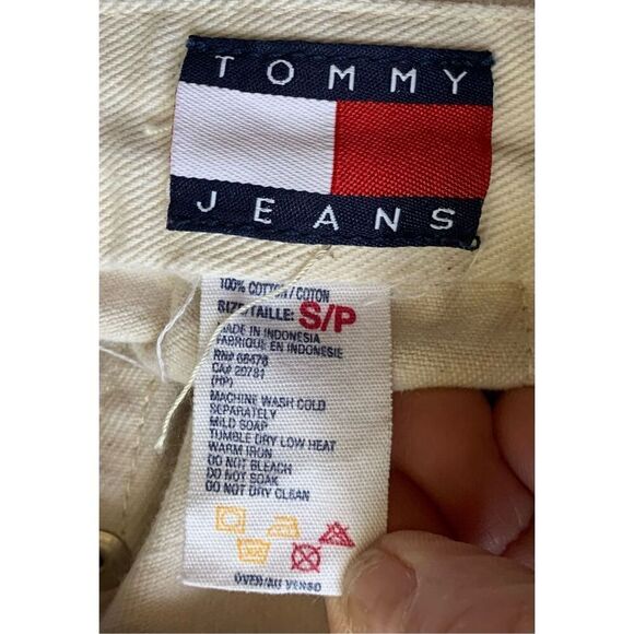 Tommy Hilfiger Y2K vtg 90’s off white LOGO Overalls Bibs Jean Shorts sz S - Picture 4 of 7